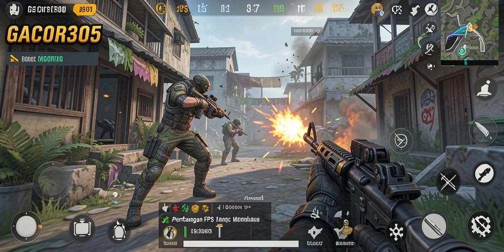 Screenshot utama dari GACOR305 menampilkan aksi perang FPS yang intens.