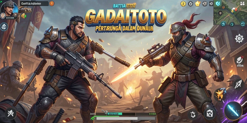 Screenshot utama GADAITOTO menunjukkan pertempuran seru dalam game Battle Royale.