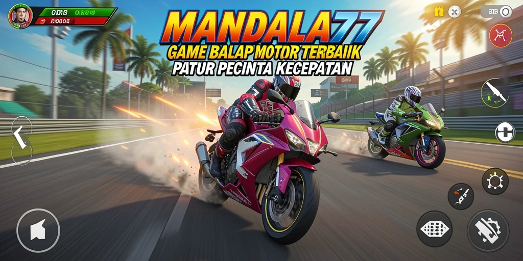 Screenshot gameplay MANDALA77 menampilkan aksi balap motor yang seru dan dinamis.