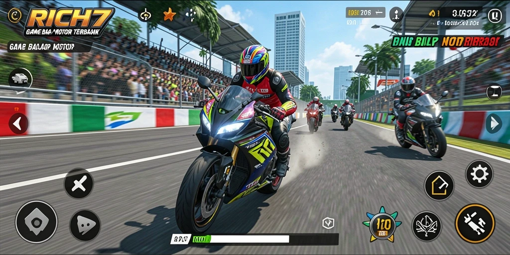 Tampilan gameplay RICH7 yang memukau saat balap motor.