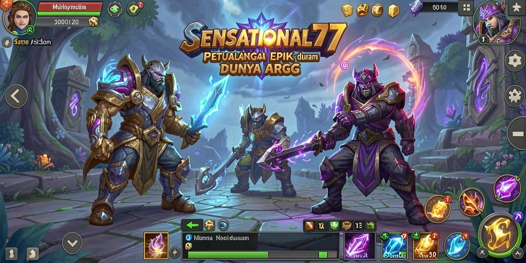 Tangkapan layar gameplay SENSATIONAL77 menampilkan pertarungan epik dan eksplorasi dunia.