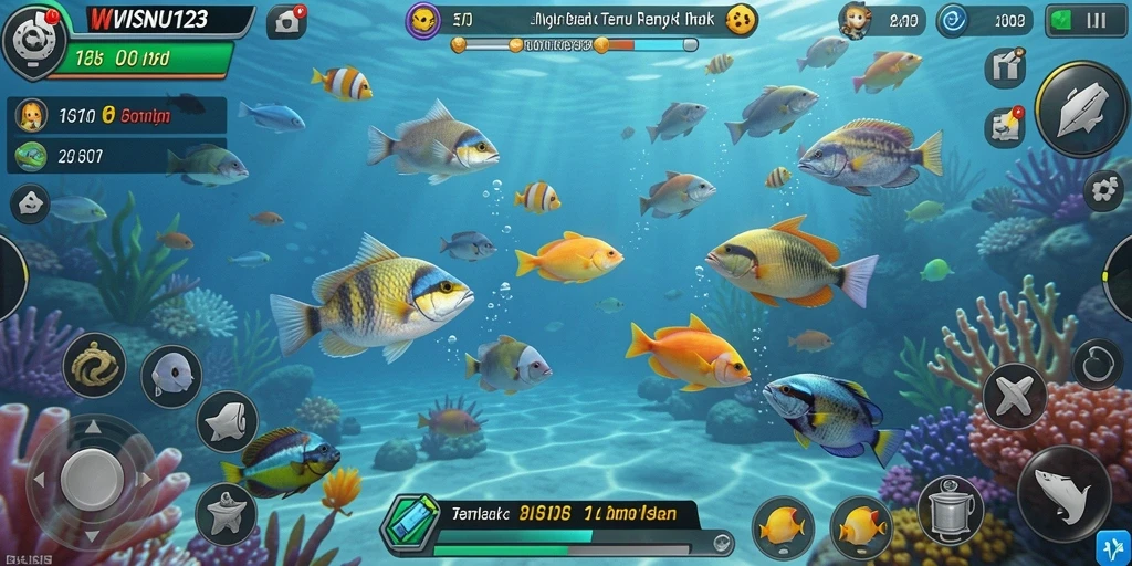 Tampilan gameplay WISNU123 yang seru dengan berbagai ikan untuk ditembak.